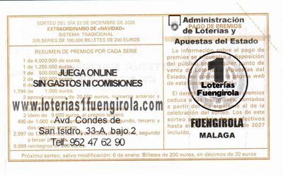 Reverso del d&eacute;cimo 03158 con el sello de la Administraci&oacute;n n&ordm; 1 &laquo;Loter&iacute;as 1 Fuengirola&raquo;, en Fuengirola